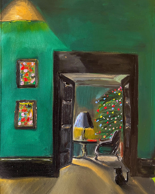 Lone visitor- black cat at the door Oil painting