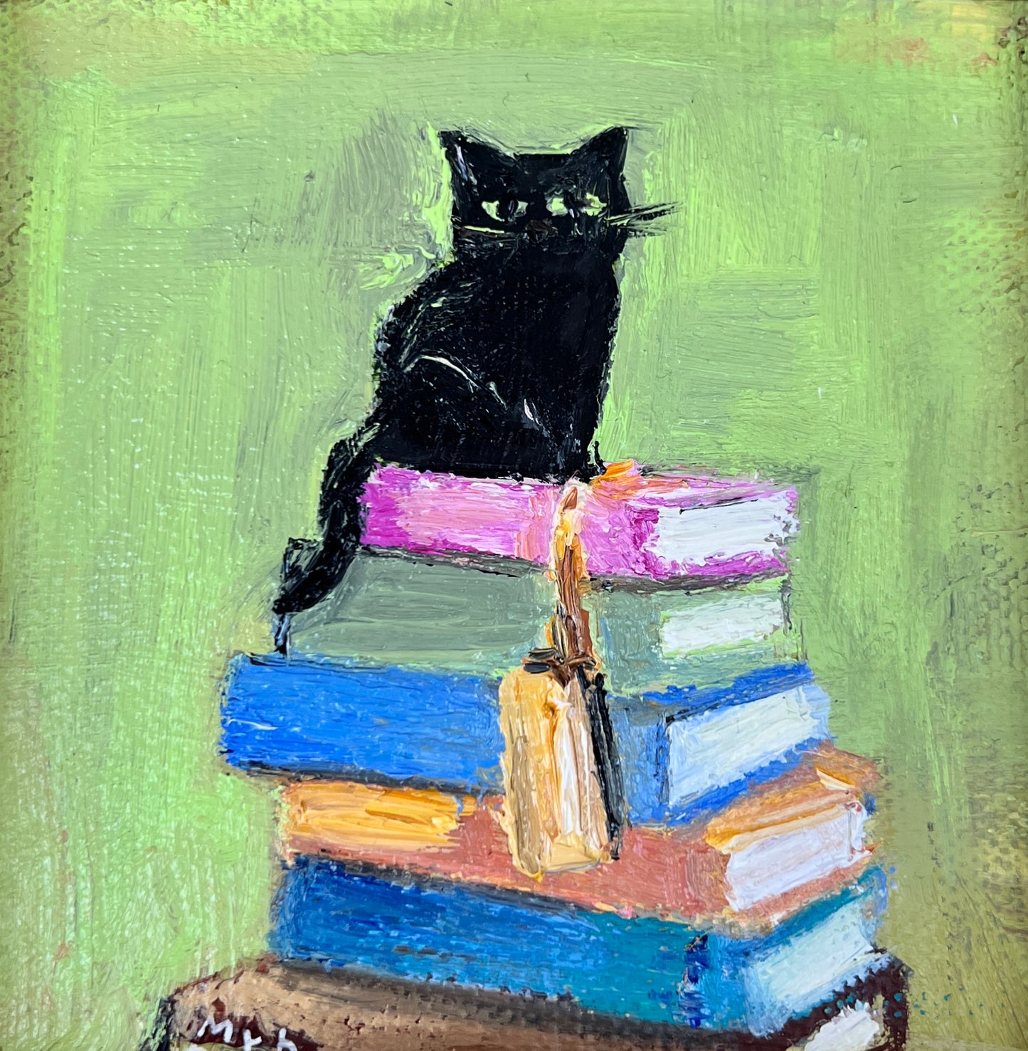 Black Cat on Books – Original Mini Oil Painting