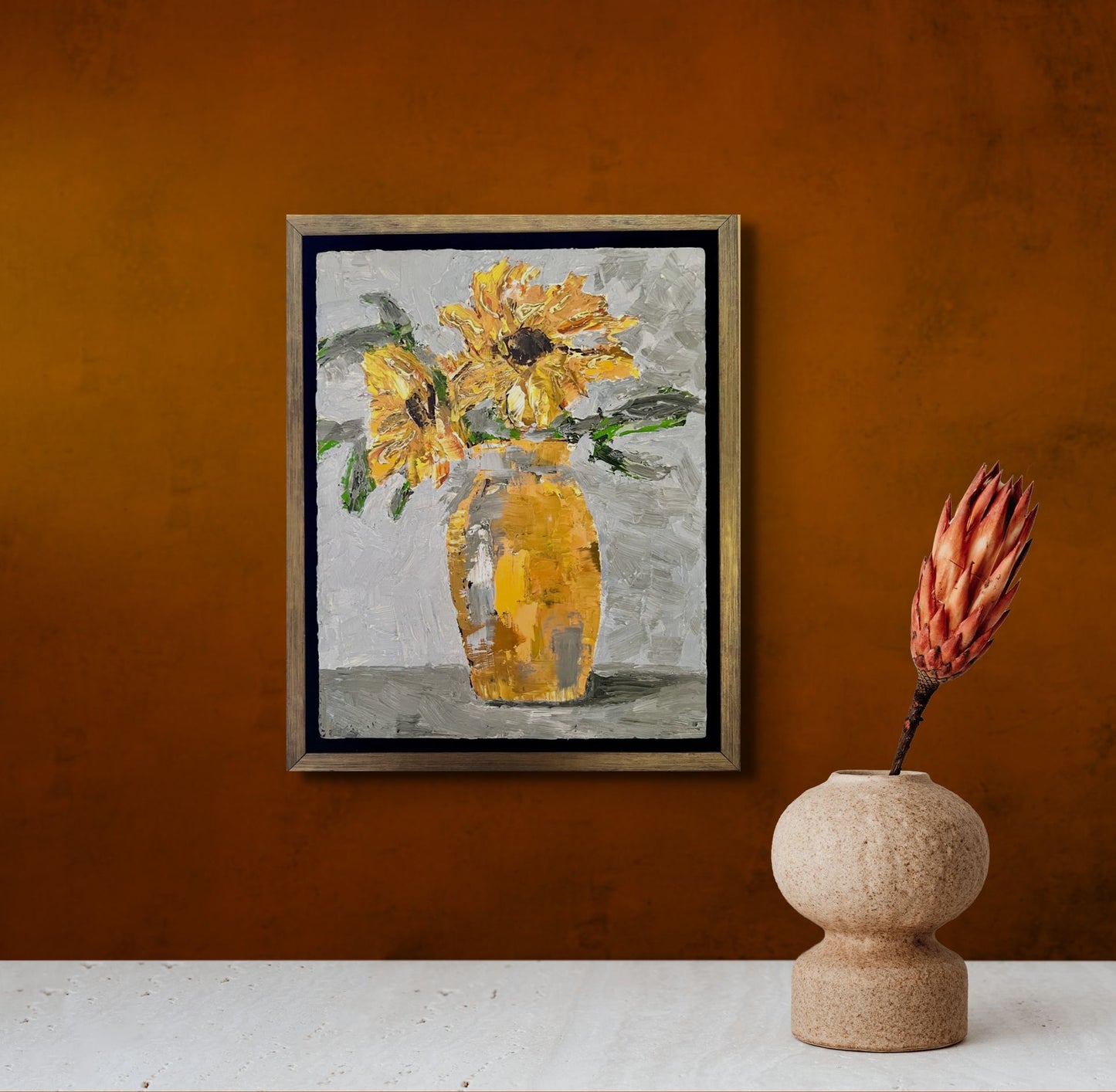 Golden sunflowers | Oil on wood | Pale gold frame