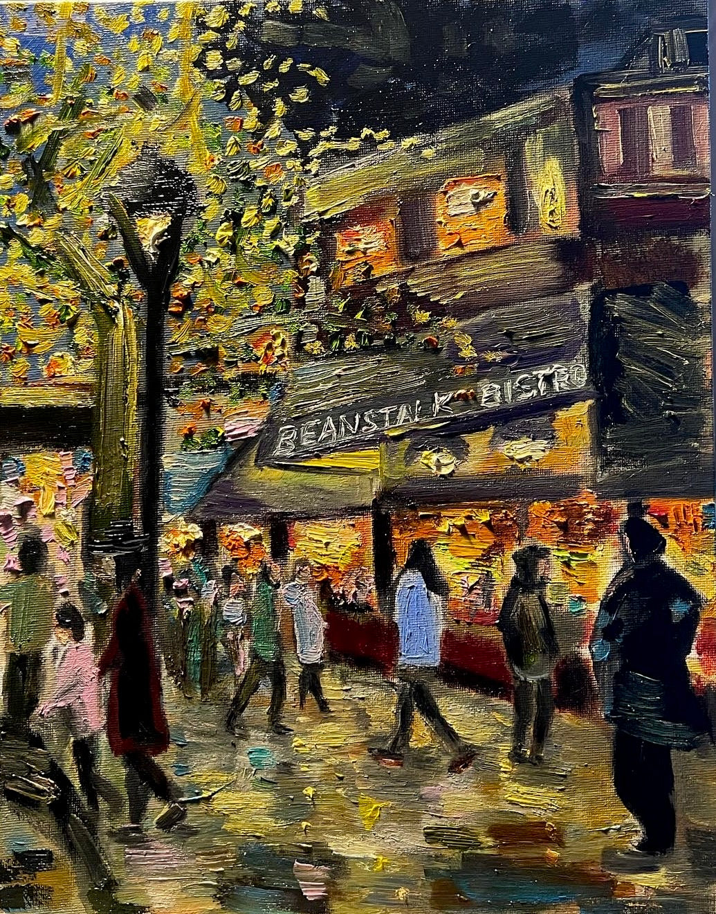 Cosy Café Buzz: Twinkling Lights and Crowd | Rustic frame