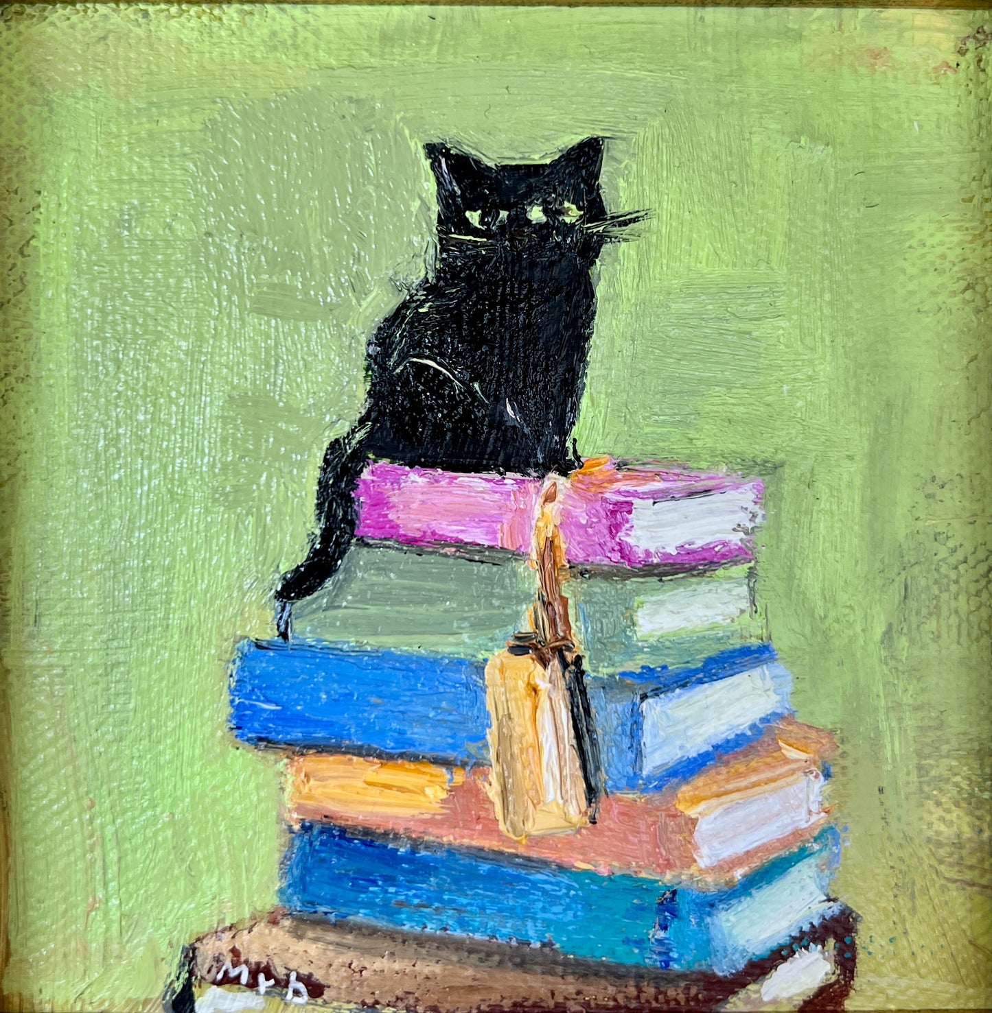 Black Cat on Books – Original Mini Oil Painting