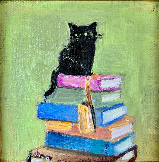 Black Cat on Books – Original Mini Oil Painting