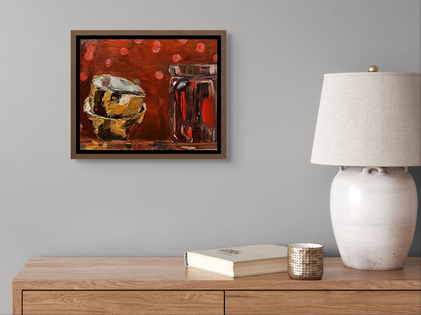 Golden Bowls & Shiny Red Jar | Oil on wood | Unframed