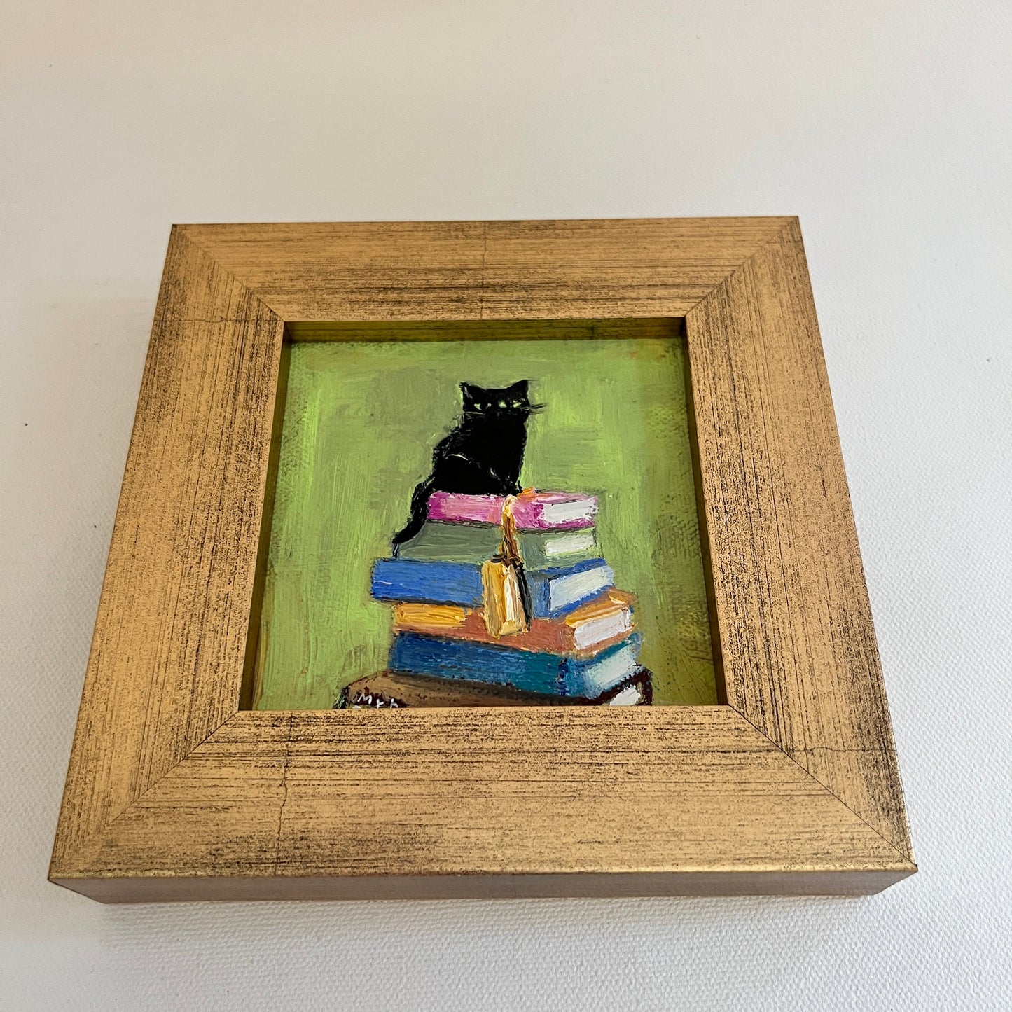 Black Cat on Books – Original Mini Oil Painting