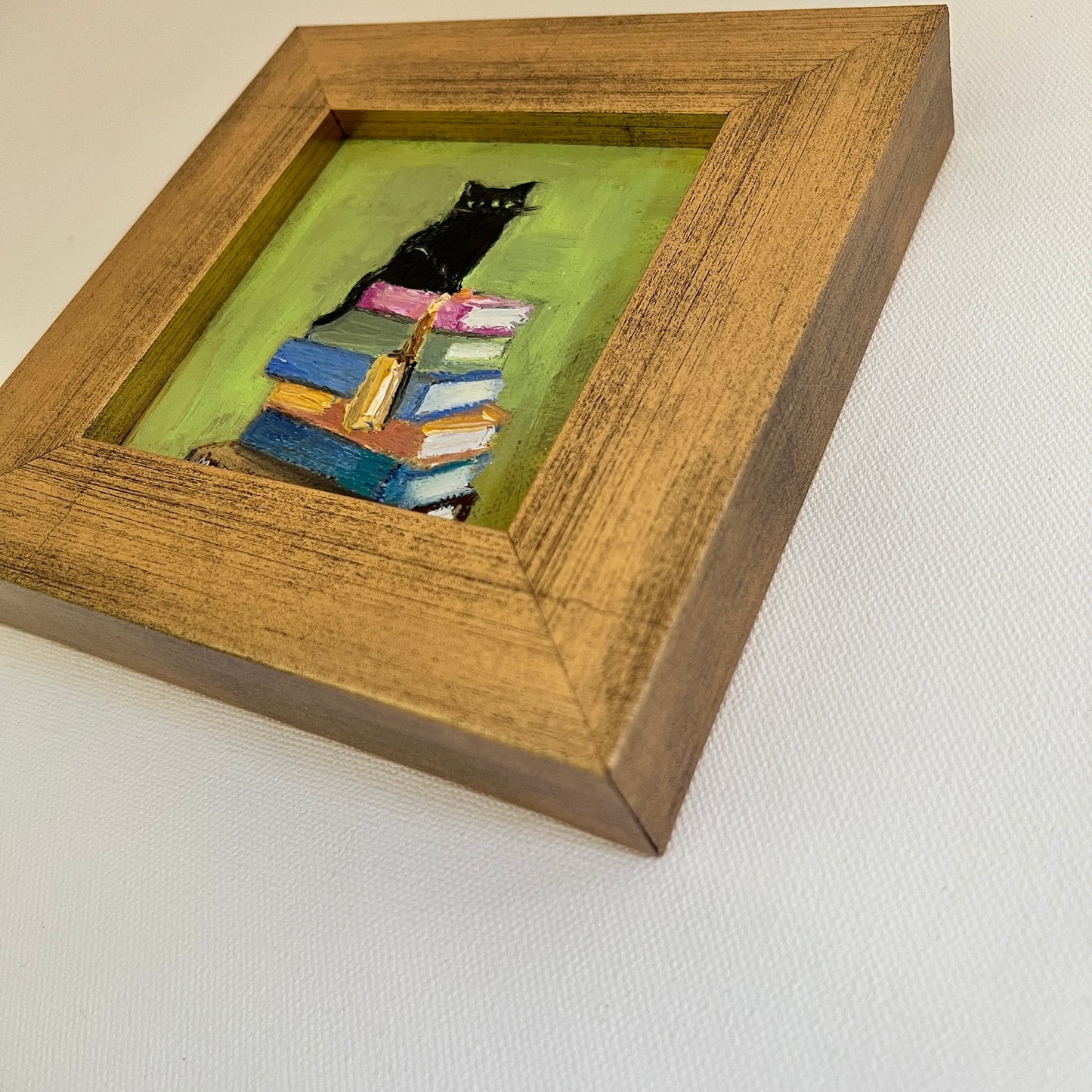 Black Cat on Books – Original Mini Oil Painting