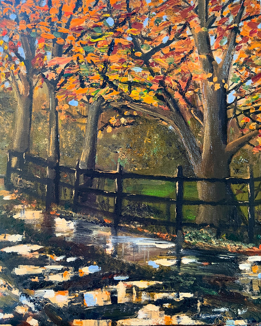 Golden leaves in Autumn- Oil on board