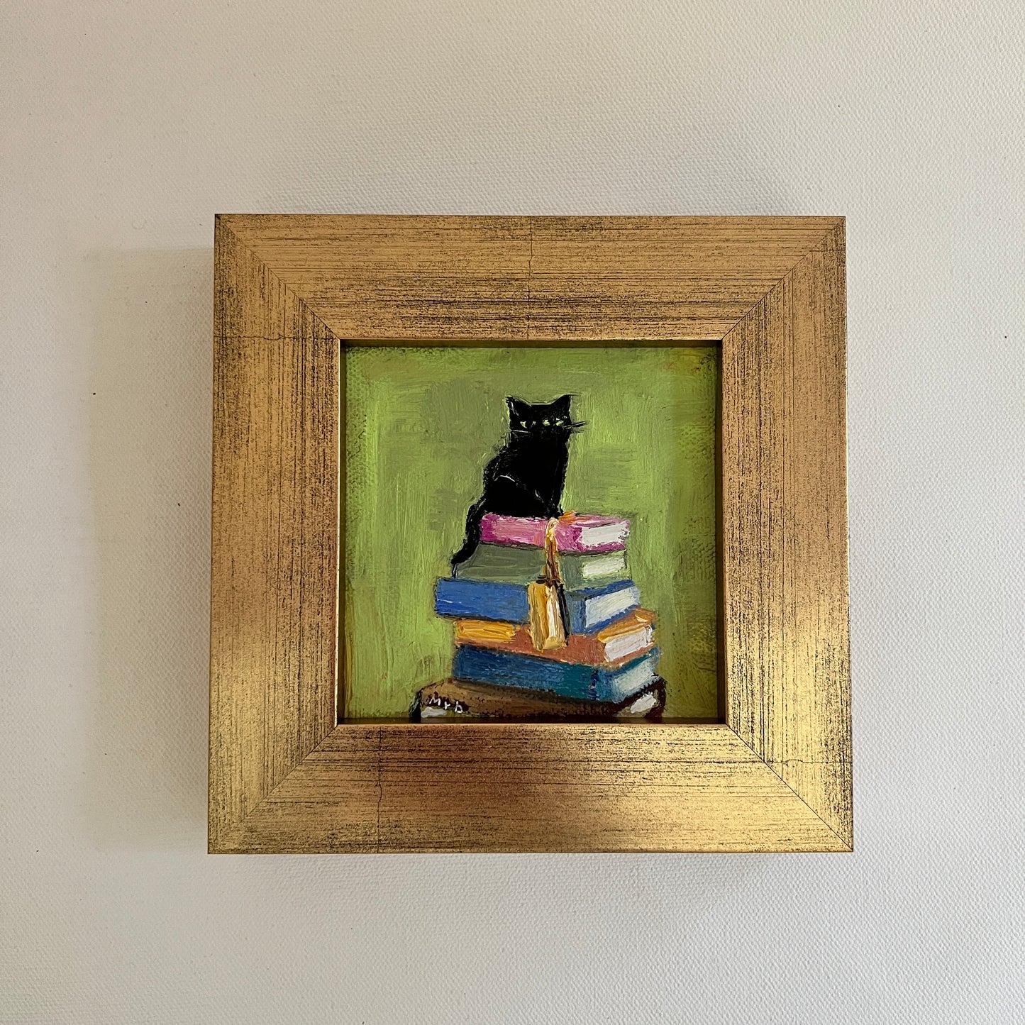 Black Cat on Books – Original Mini Oil Painting