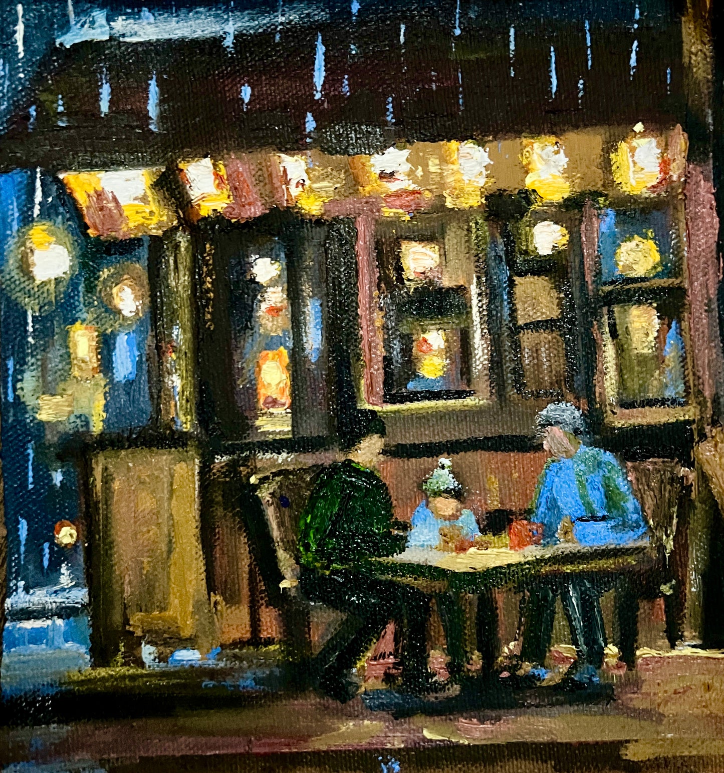 Family Oil Painting | Three Generations | Rainy Café Scene | Framed Artwork | Father, Son & Grandfather | Family Moments oil painting