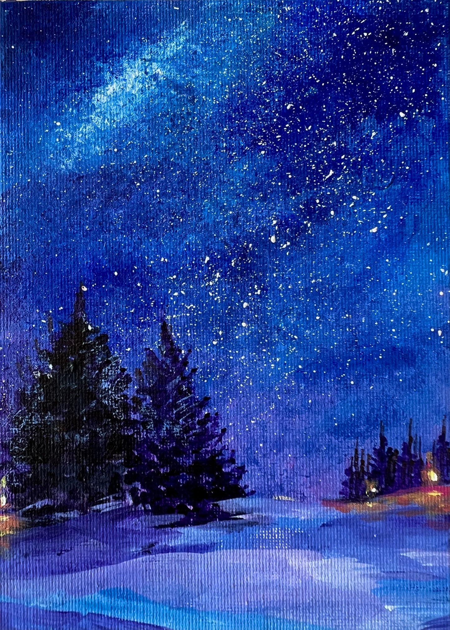 Under the Endless Sky – Framed Winter Night Oil Painting (30×25 cm)