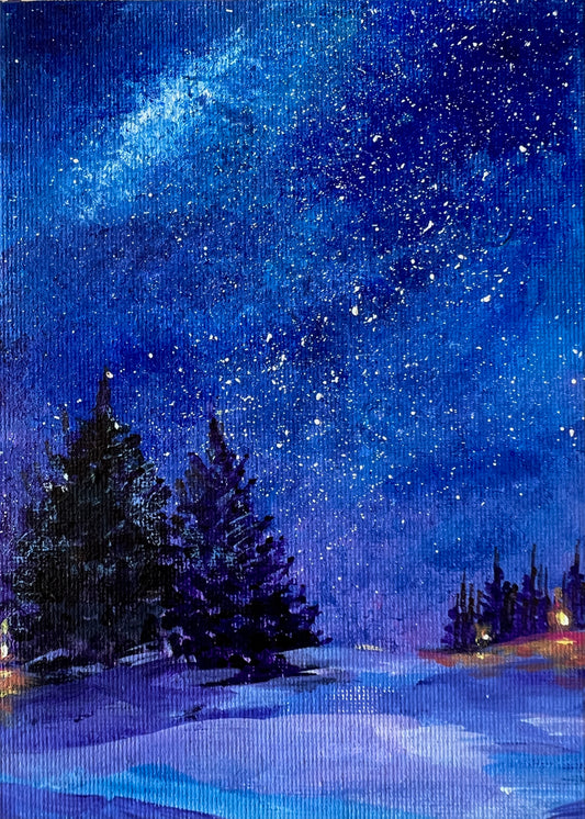 Under the Endless Sky – Framed Winter Night Oil Painting (30×25 cm)