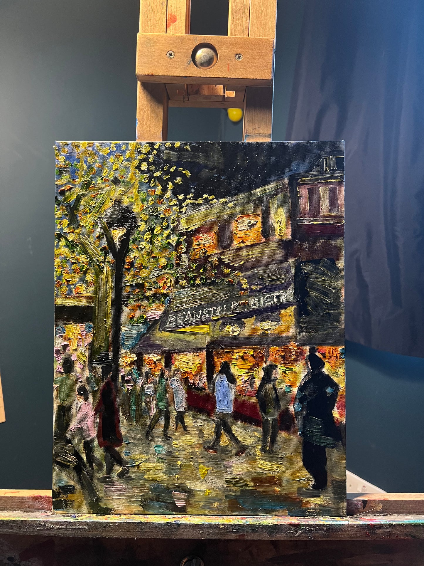 Cosy Café Buzz: Twinkling Lights and Crowd | Rustic frame