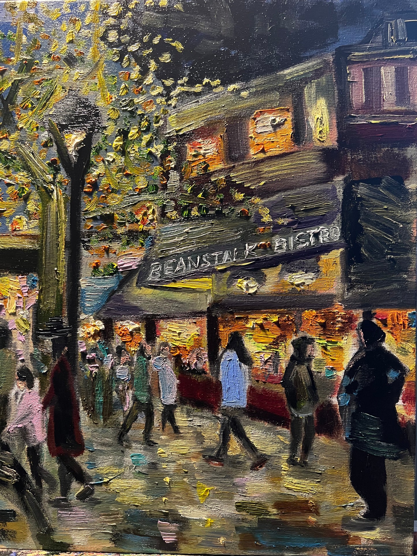 Cosy Café Buzz: Twinkling Lights and Crowd | Rustic frame