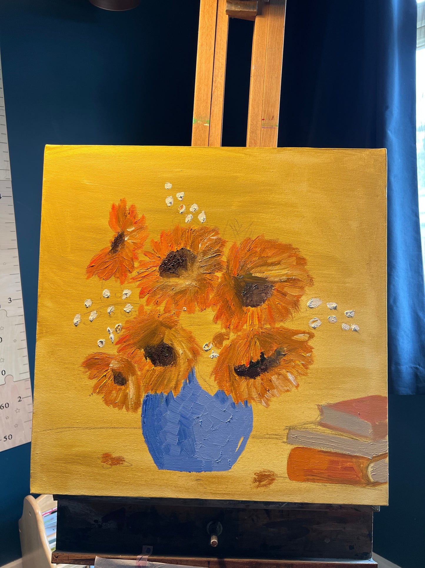 Sunflowers & Books Oil Painting | Original Oil Painting | Beautiful light oak floating frame