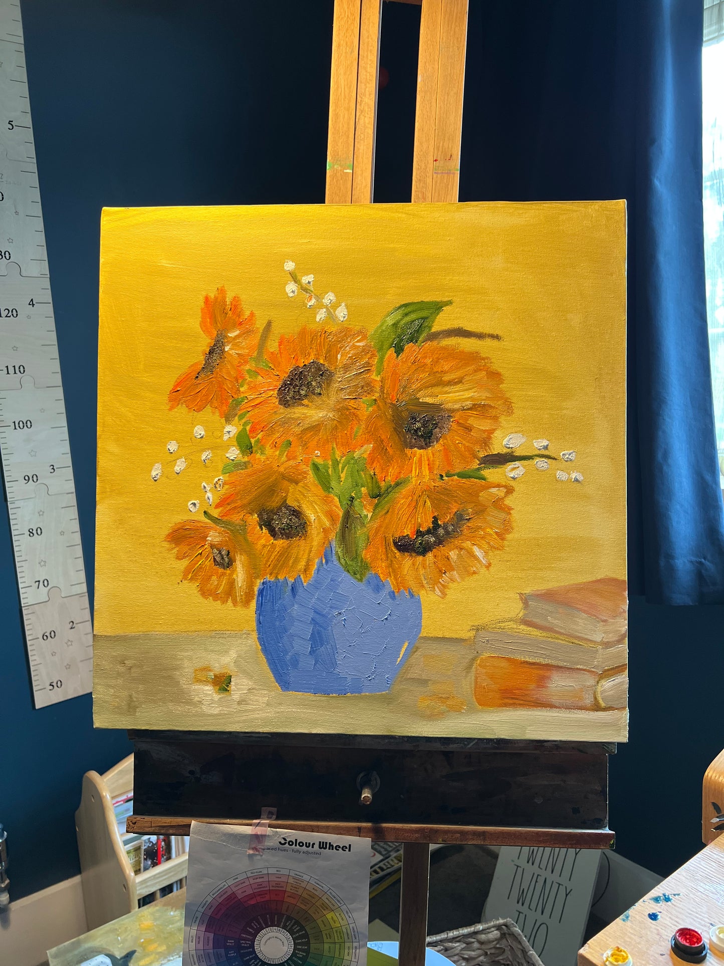 Sunflowers & Books Oil Painting | Original Oil Painting | Beautiful light oak floating frame