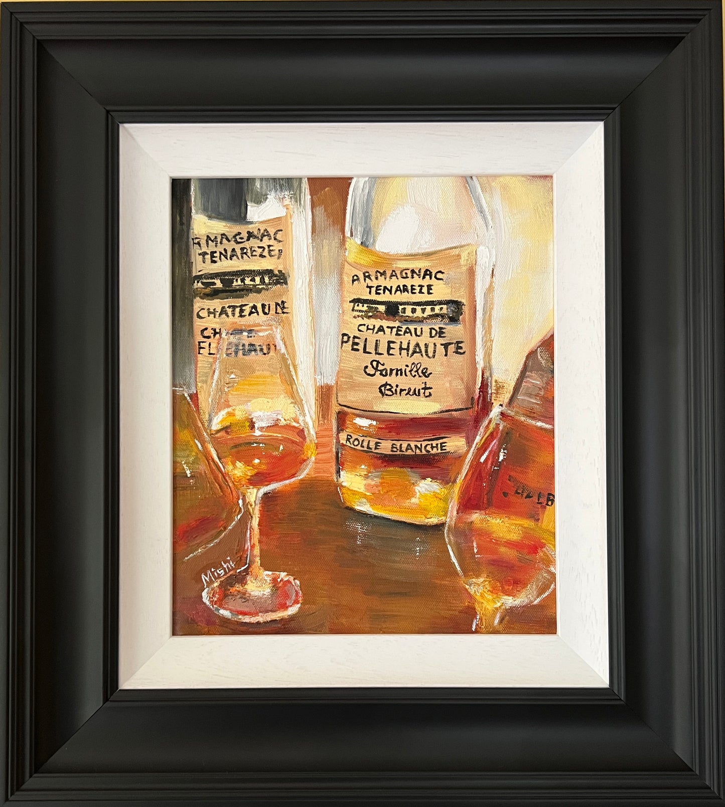 Armagnac Still Life Oil Painting: Amber Hues, Post-Impressionist Art (30x25 cm)