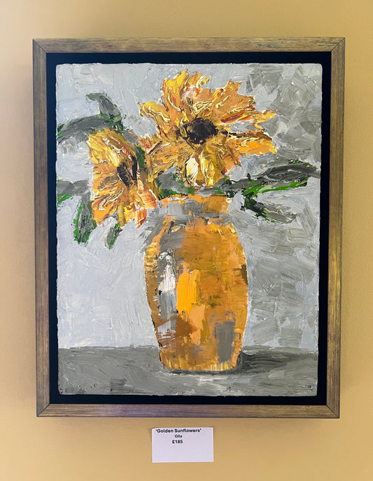 Golden sunflowers | Framed | Oil on wood