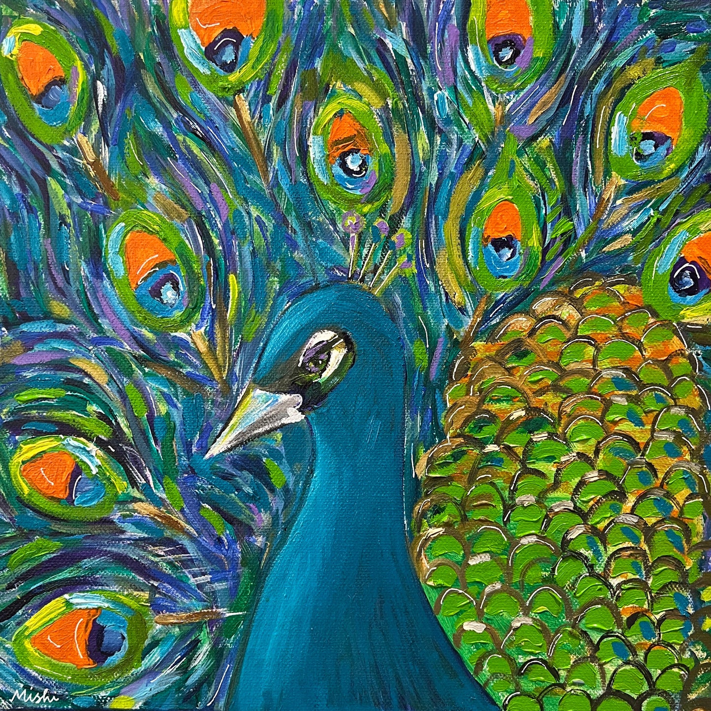 Colorful painting of a peacock on a beige background