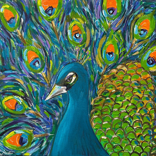 Colorful painting of a peacock on a beige background