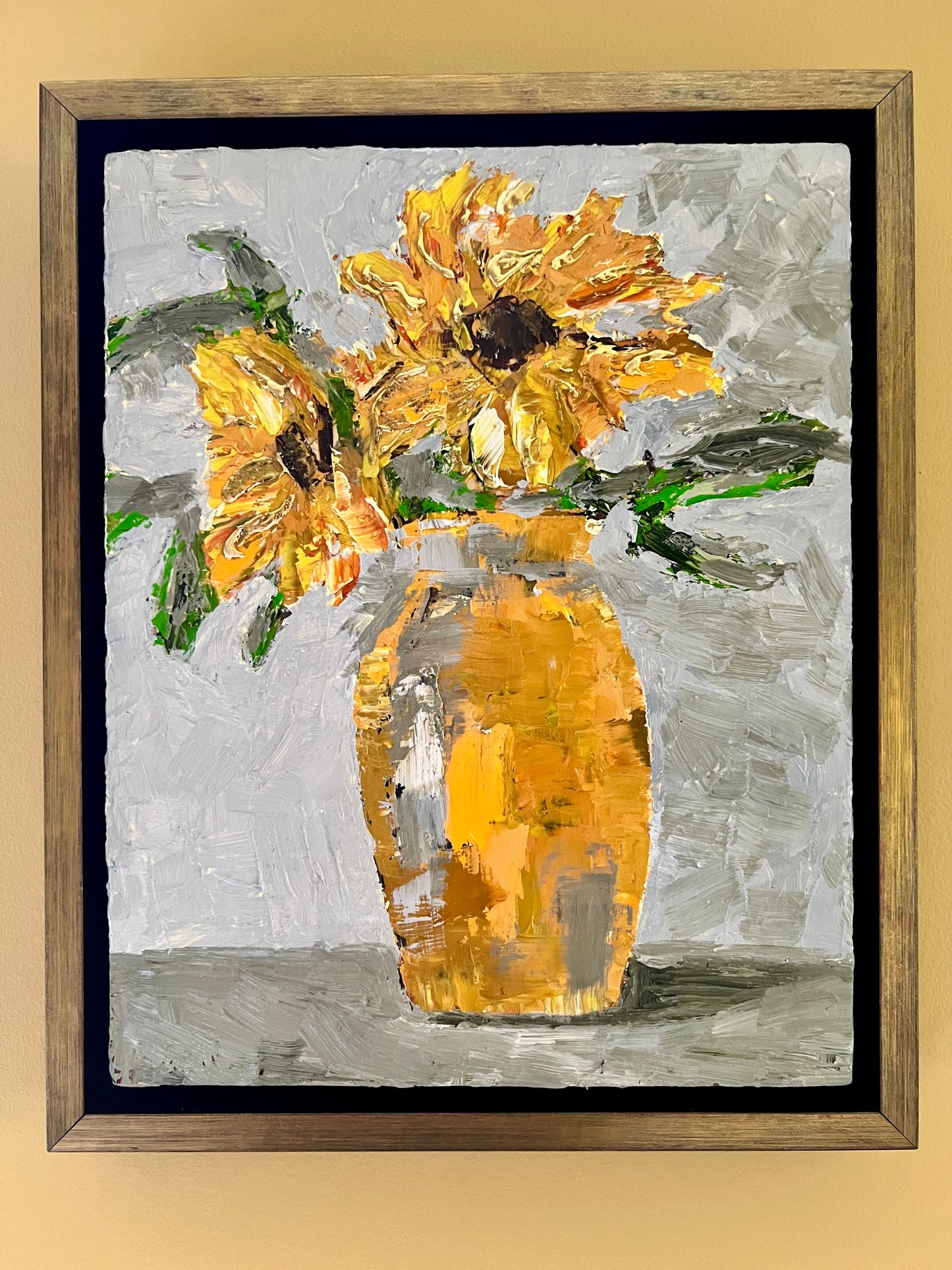 Golden sunflowers | Oil on wood | Pale gold frame