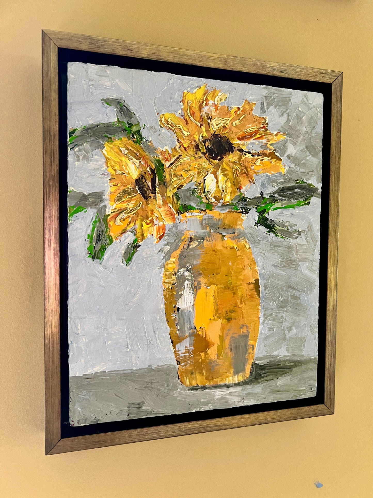 Golden sunflowers | Oil on wood | Pale gold frame