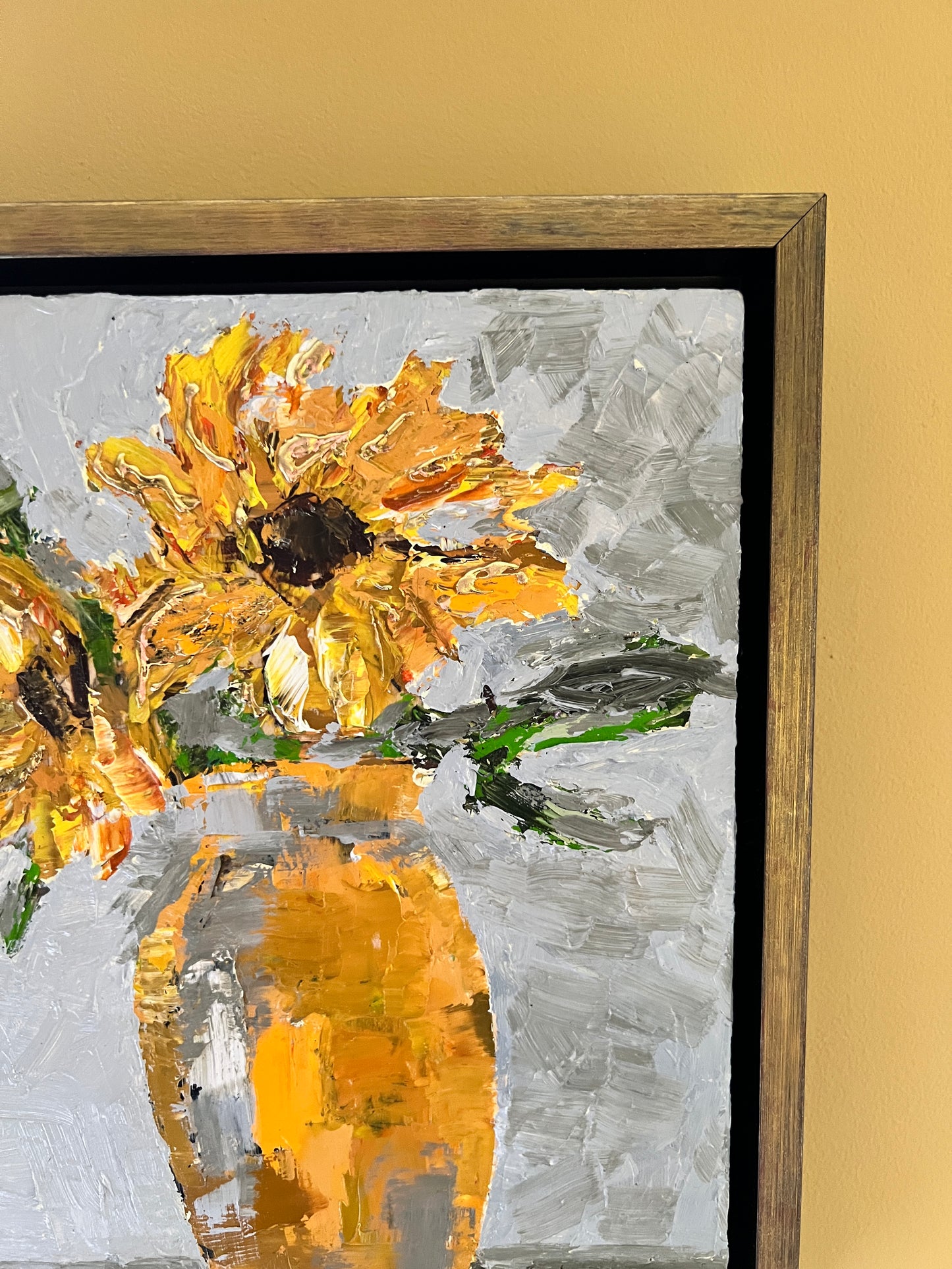 Golden sunflowers | Oil on wood | Pale gold frame