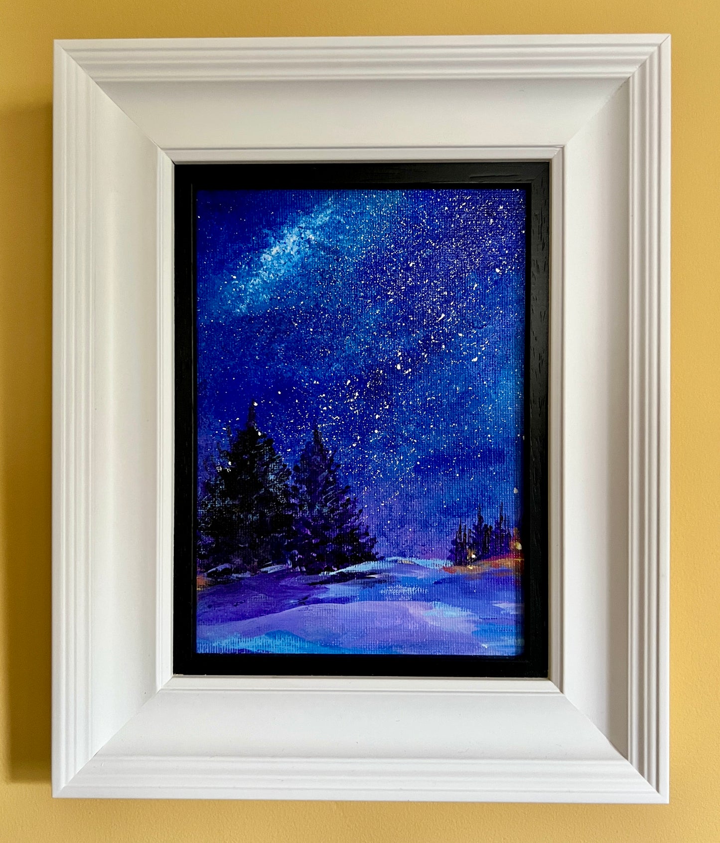 Under the Endless Sky – Framed Winter Night Oil Painting (30×25 cm)