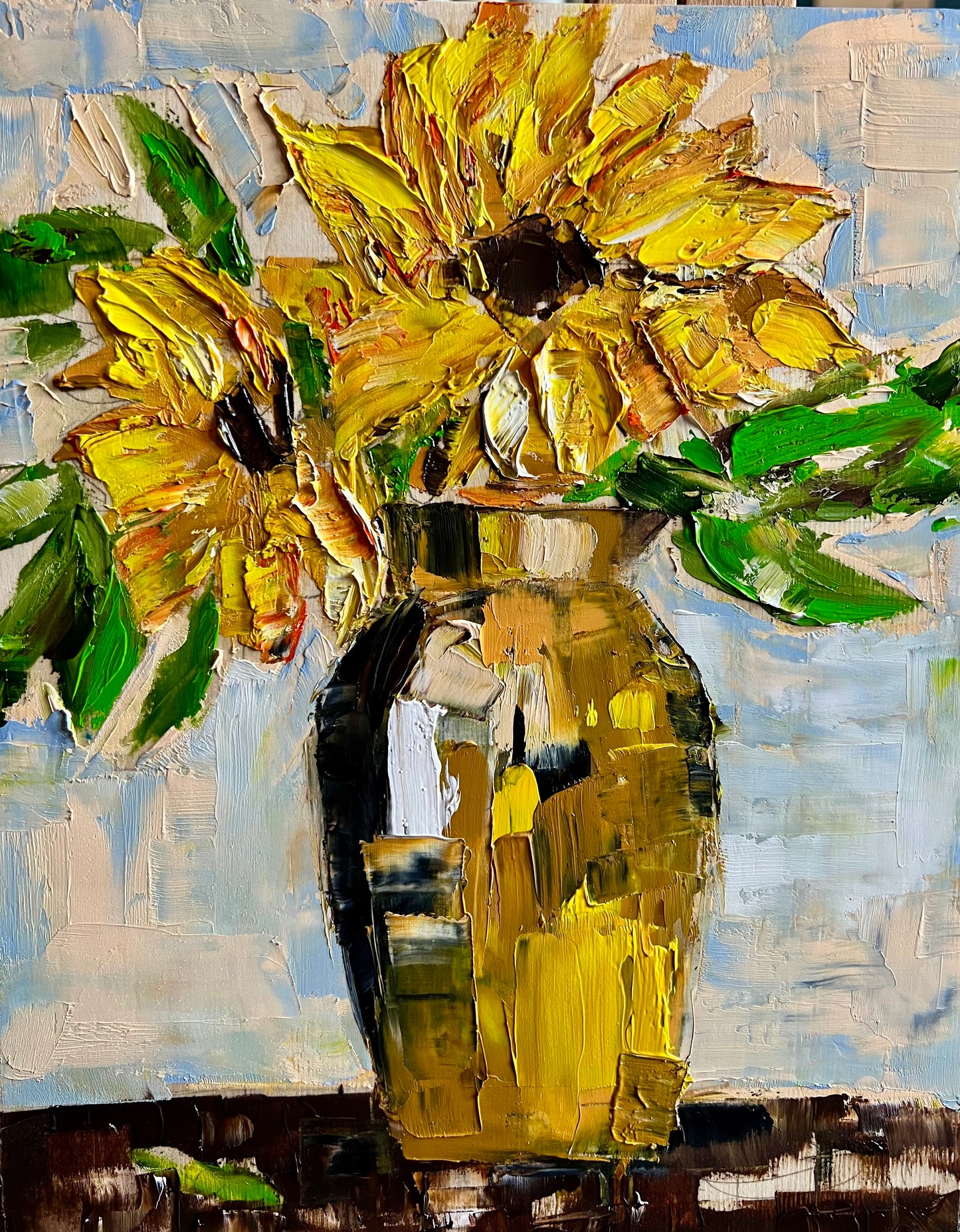 Golden sunflowers, Oil on wood