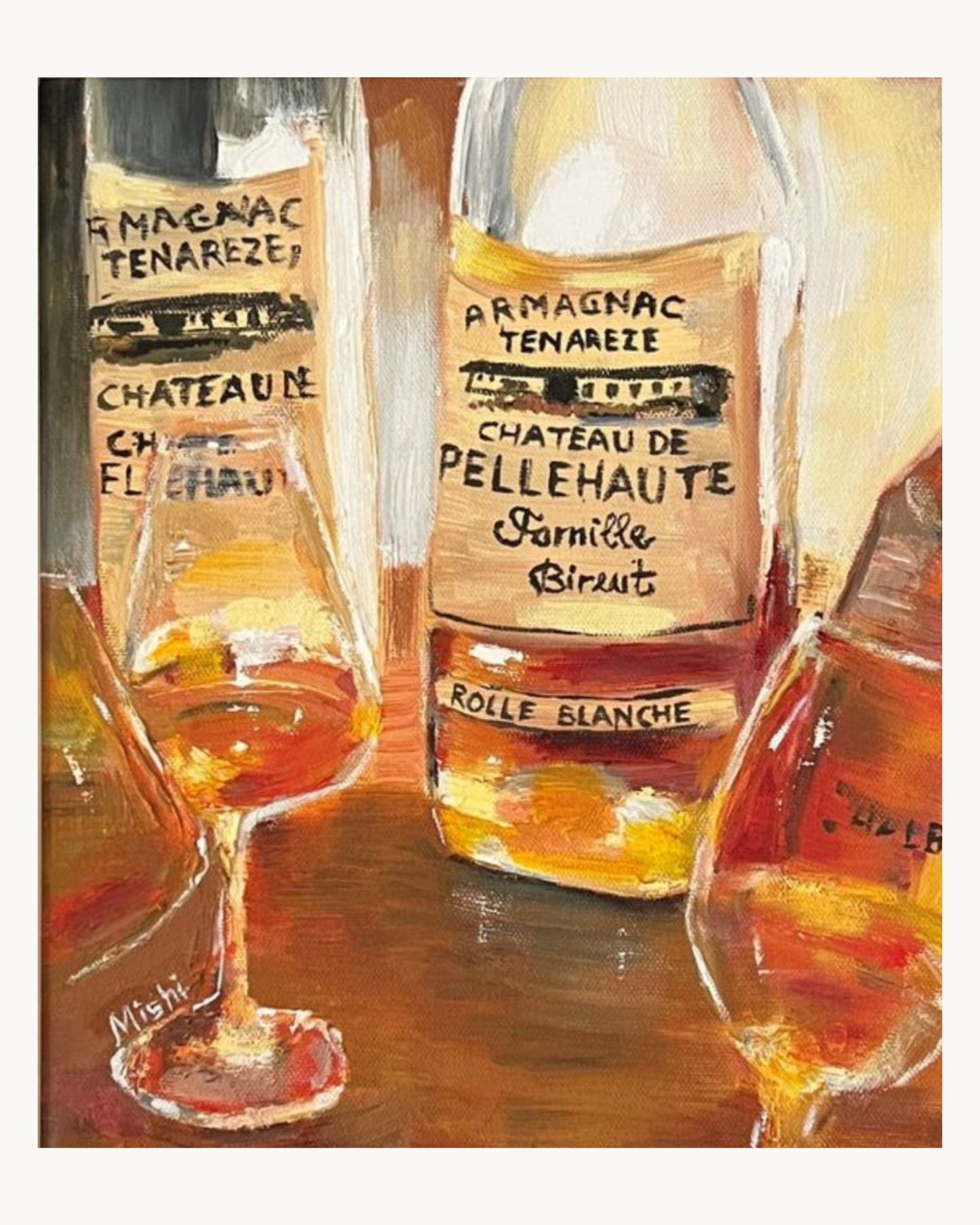 Armagnac Still Life Oil Painting: Amber Hues, Post-Impressionist Art (30x25 cm)