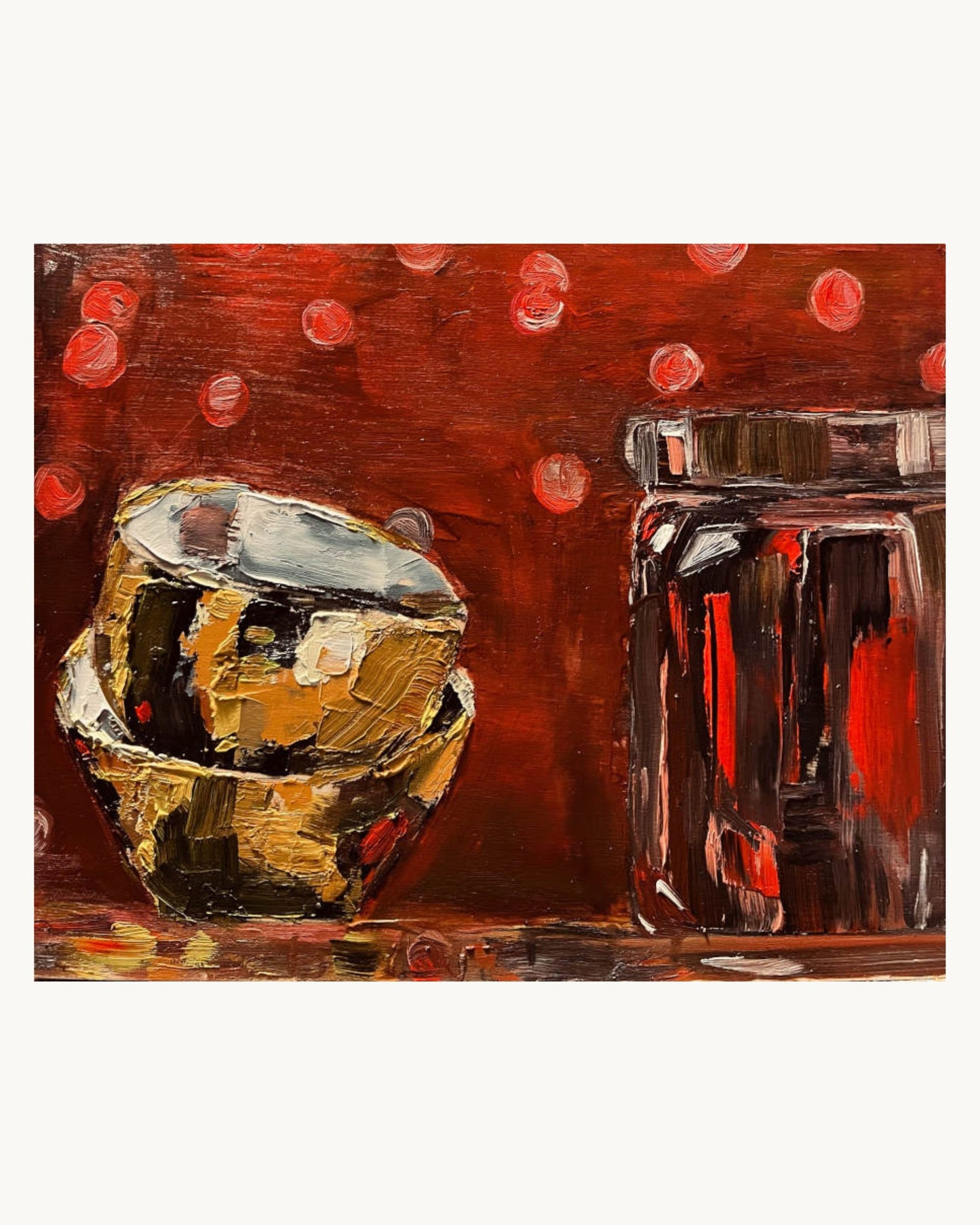 Golden Bowls & Shiny Red Jar | Oil on wood | Unframed