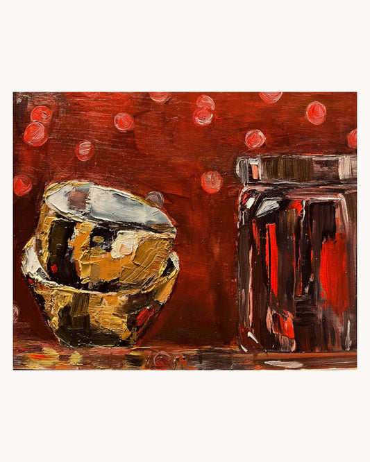 Golden Bowls & Shiny Red Jar | Oil on wood | Unframed