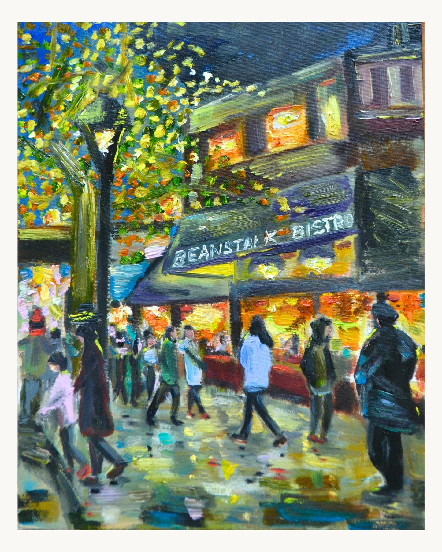 Cosy Café Buzz: Twinkling Lights and Crowd | Rustic frame