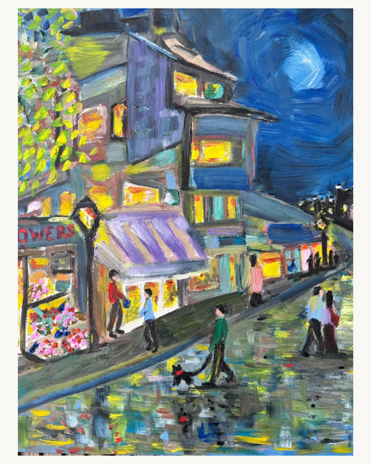 Walking the Dog in the rain | Framed Oil painting