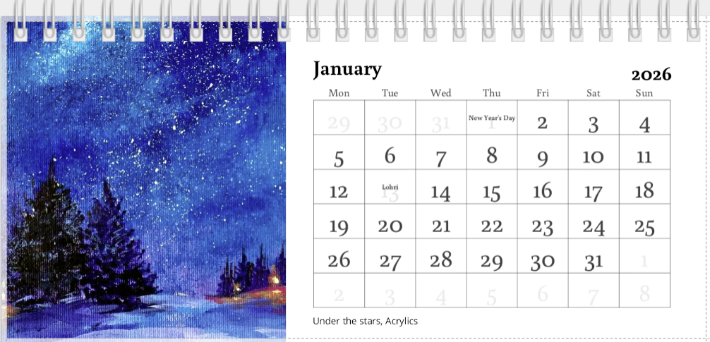 Desk Calendar 2026 | Original Art Desk Calendar | Oil & Watercolour Paintings | Artist Illustrated | Original Paintings | Important dates and festivals