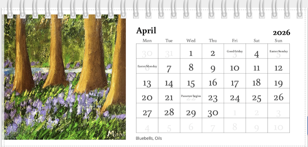 Desk Calendar 2026 | Original Art Desk Calendar | Oil & Watercolour Paintings | Artist Illustrated | Original Paintings | Important dates and festivals