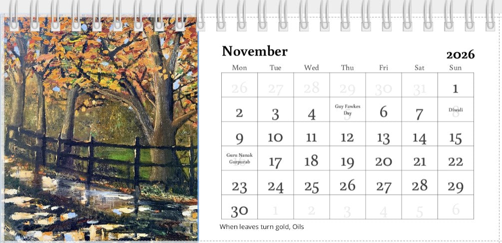 Desk Calendar 2026 | Original Art Desk Calendar | Oil & Watercolour Paintings | Artist Illustrated | Original Paintings | Important dates and festivals