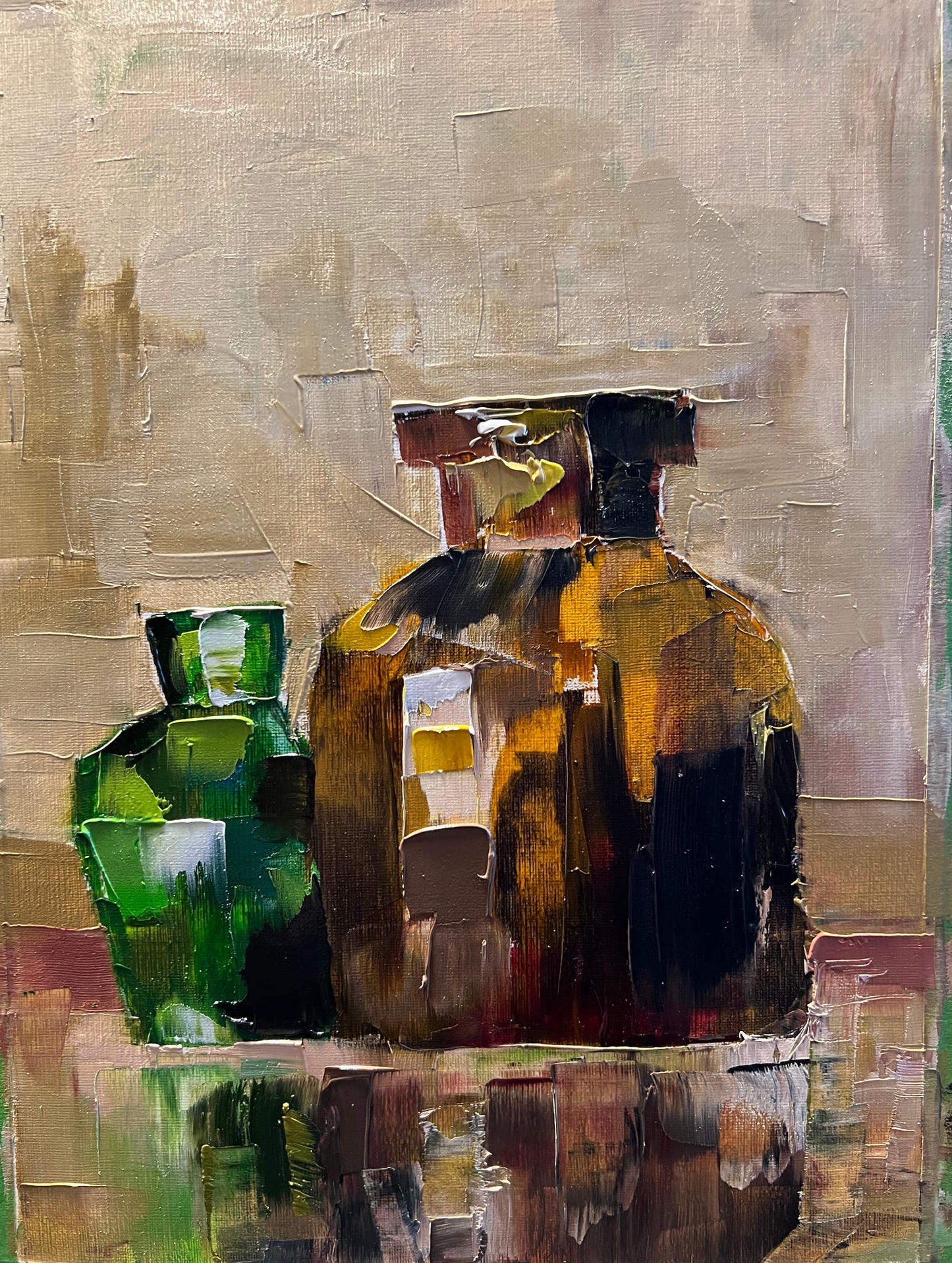 Painting of a gold jar and a green shining glass bottle with thick impasto texture. Light shines through the bottle, casting a glow and reflection on the surface below. The piece evokes warmth and tranquility, suitable for a kitchen or any serene space.