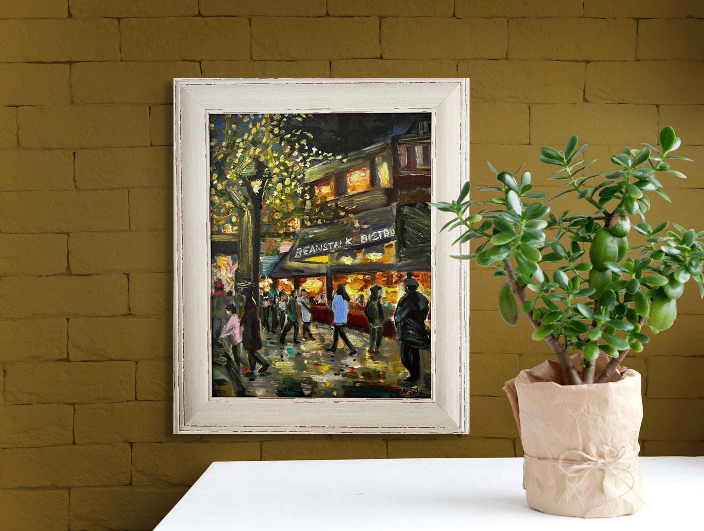 Cosy Café Buzz: Twinkling Lights and Crowd | Rustic frame