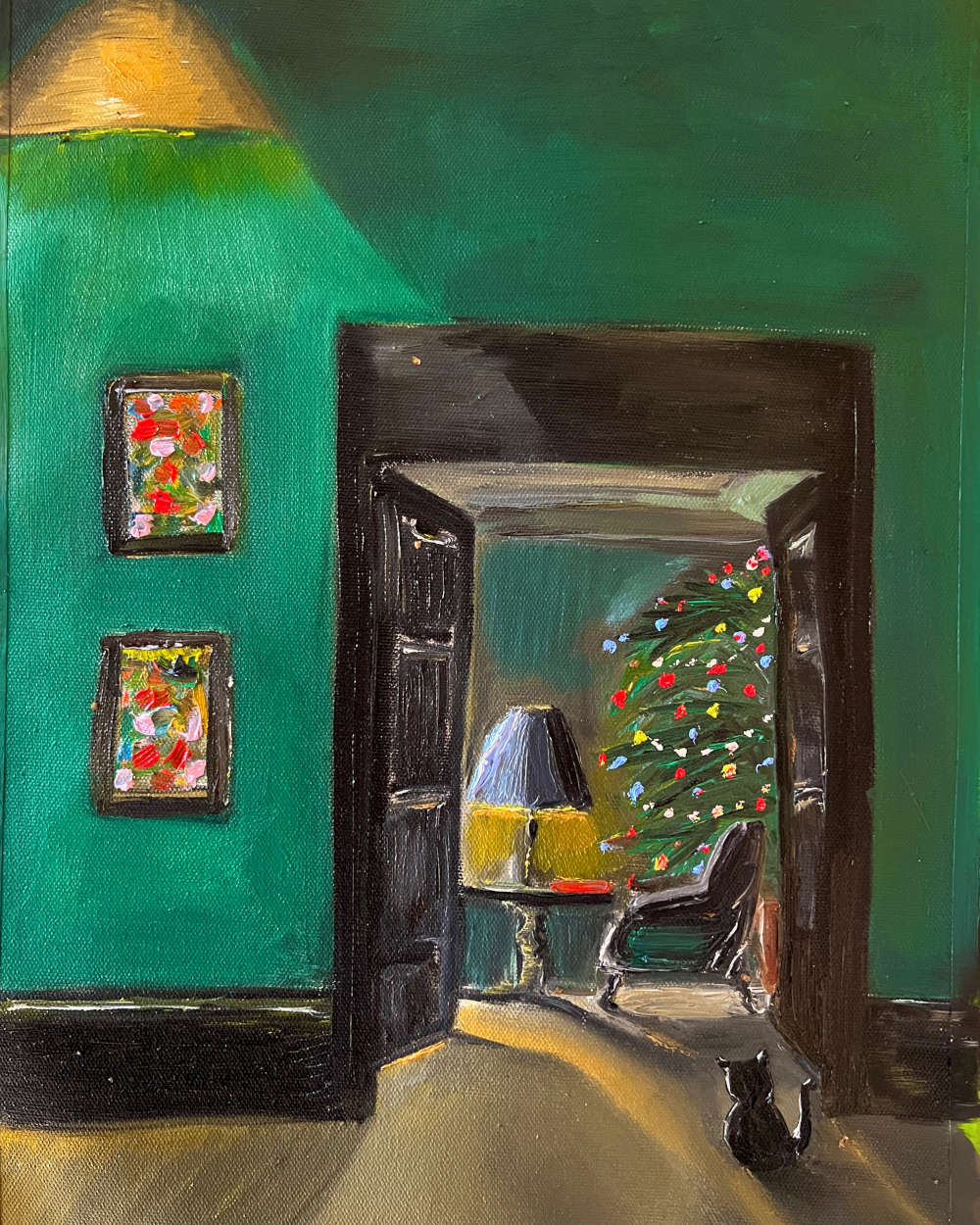 Lone visitor- black cat at the door Oil painting