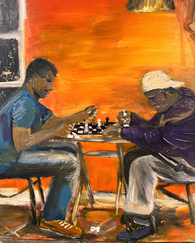 This painting depicts two men deeply engrossed in an intense game of chess against a vibrant orange background. Their serious expressions convey their determination to win, yet their camaraderie shines through, reflecting their friendship. The dynamic colors and composition capture the tension and excitement of the game, blending competitive spirit with mutual respect.