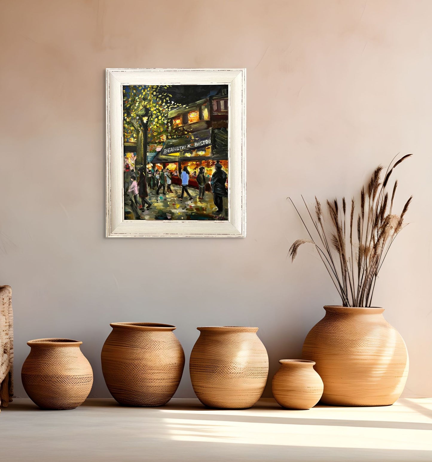 Cosy Café Buzz: Twinkling Lights and Crowd | Rustic frame