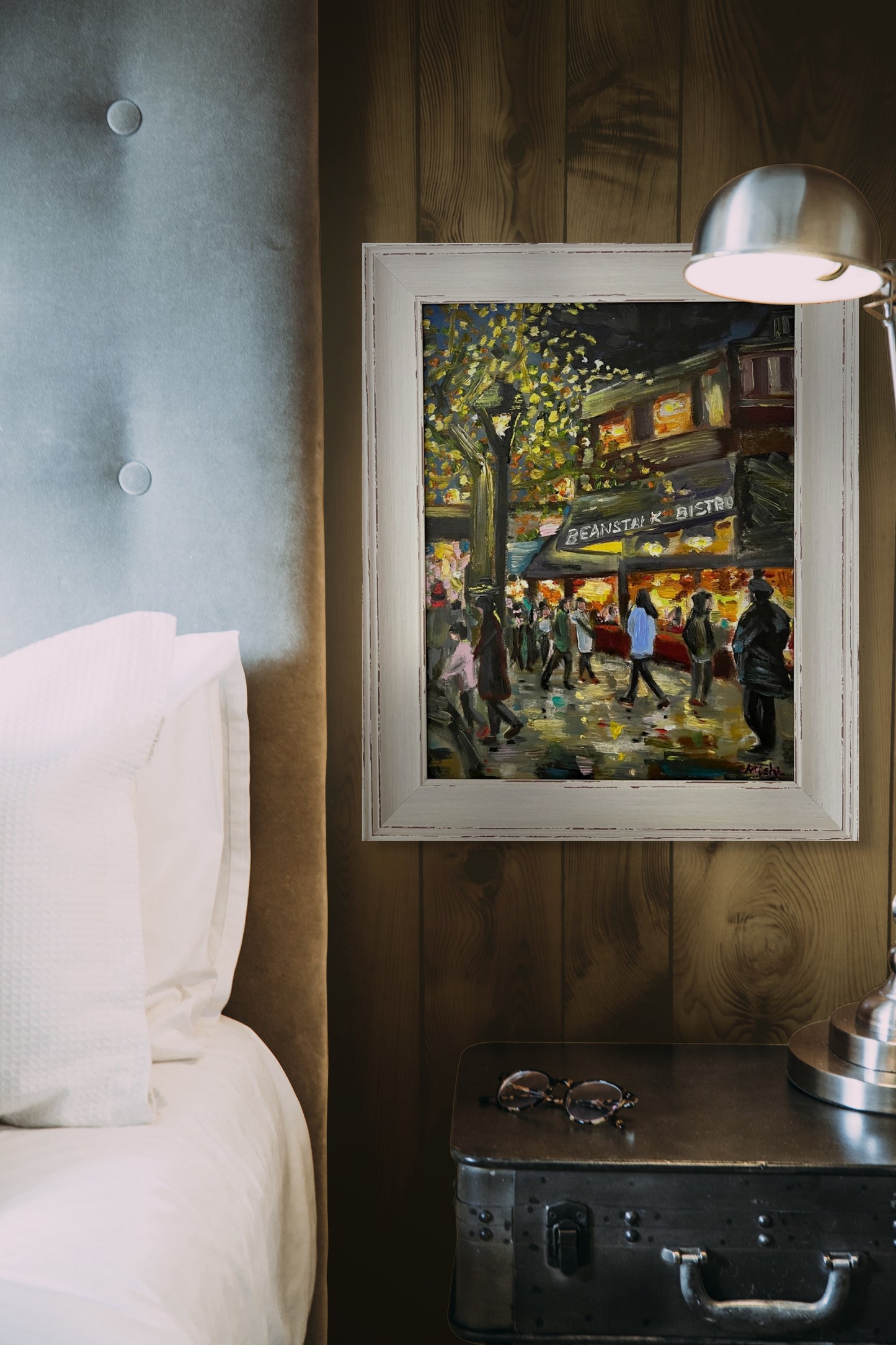 Cosy Café Buzz: Twinkling Lights and Crowd | Rustic frame