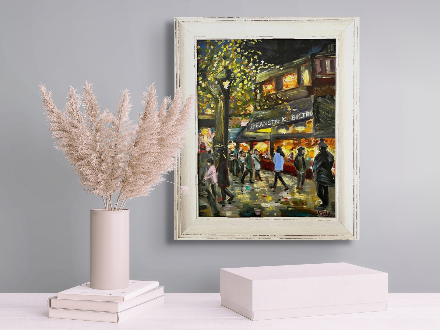 Cosy Café Buzz: Twinkling Lights and Crowd | Rustic frame