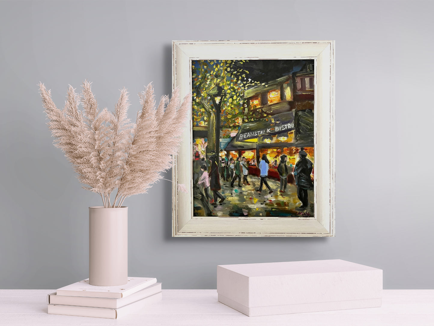 Cosy Café Buzz: Twinkling Lights and Crowd | Rustic frame