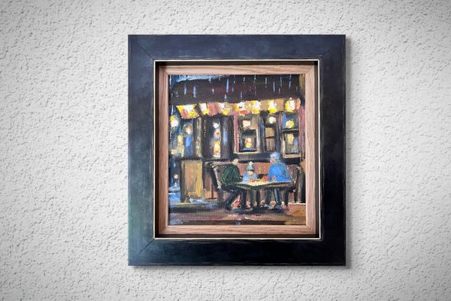 Family Oil Painting | Three Generations | Rainy Café Scene | Framed Artwork | Father, Son & Grandfather | Family Moments oil painting