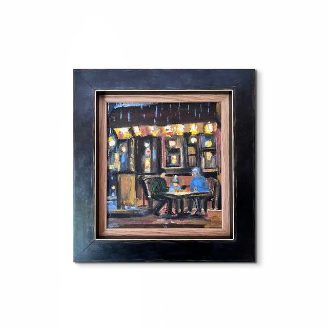 Family Oil Painting | Three Generations | Rainy Café Scene | Framed Artwork | Father, Son & Grandfather | Family Moments oil painting