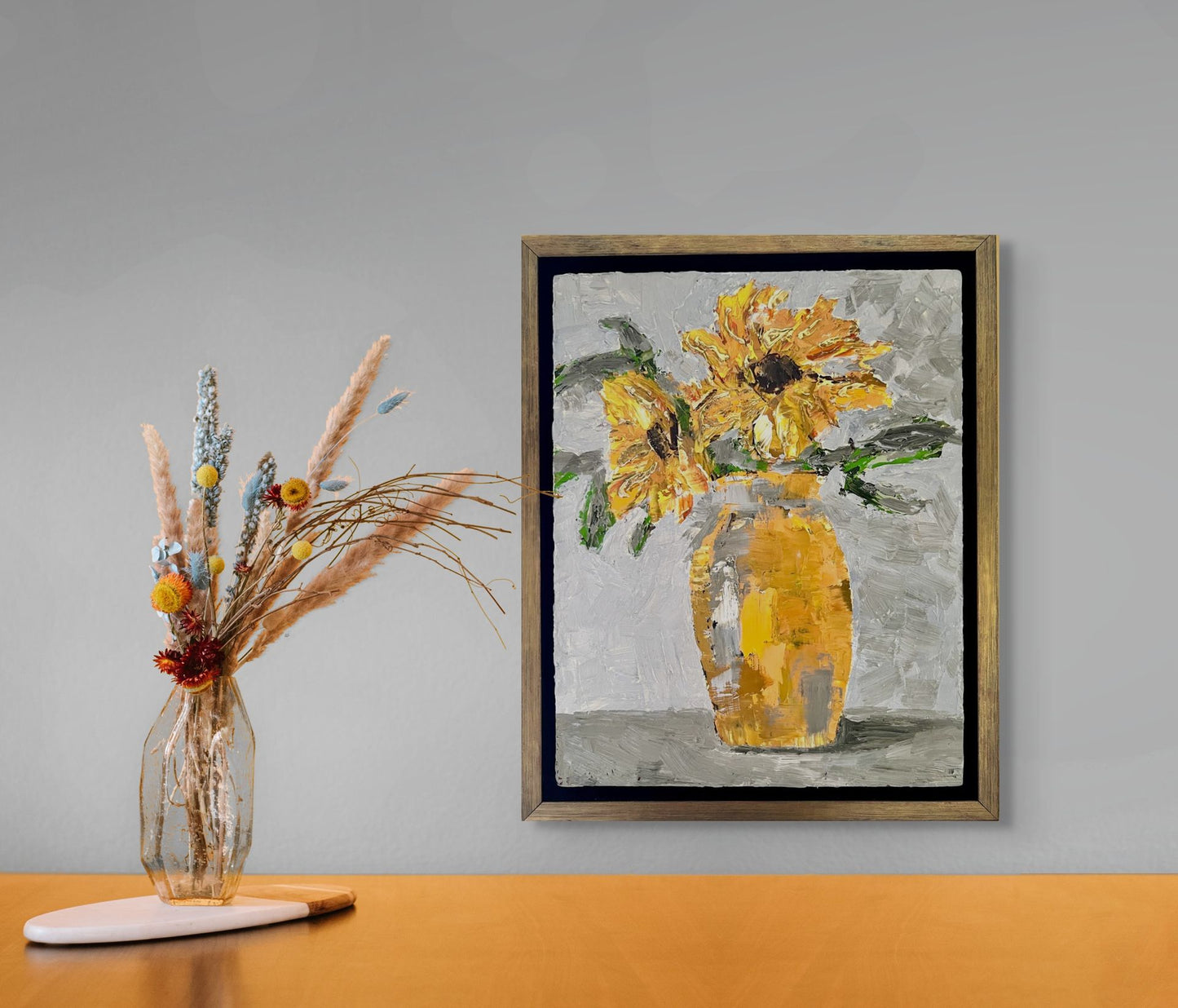 Golden sunflowers | Oil on wood | Pale gold frame