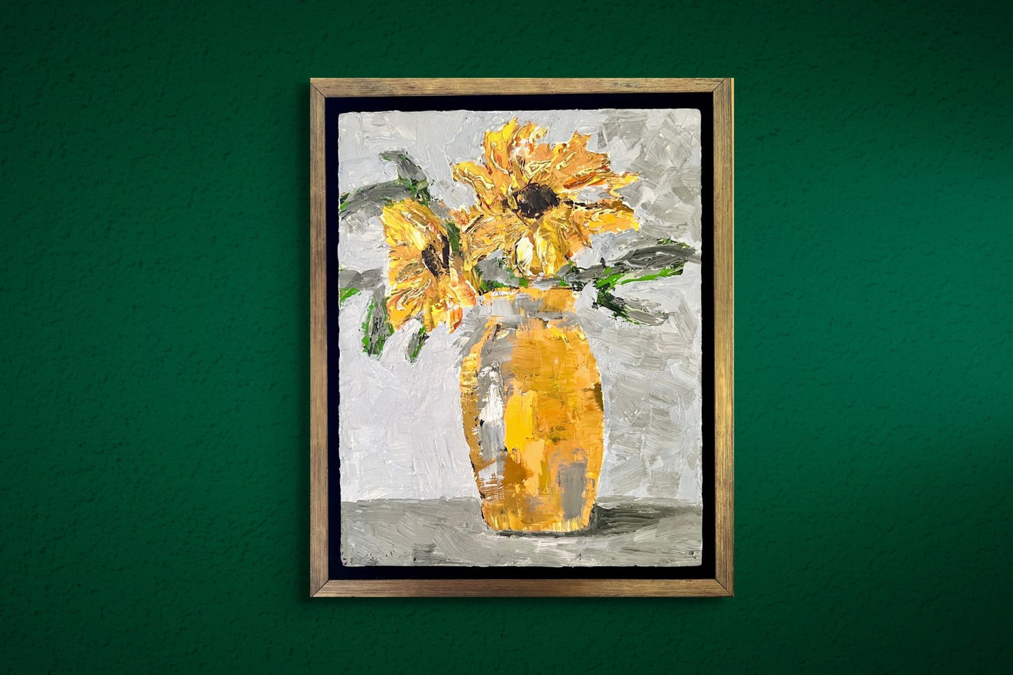Golden sunflowers | Oil on wood | Pale gold frame