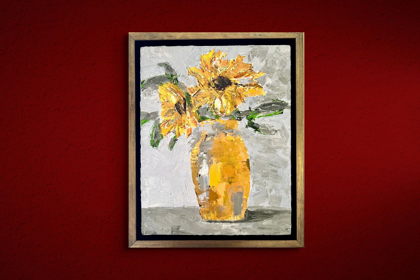 Golden sunflowers | Oil on wood | Pale gold frame