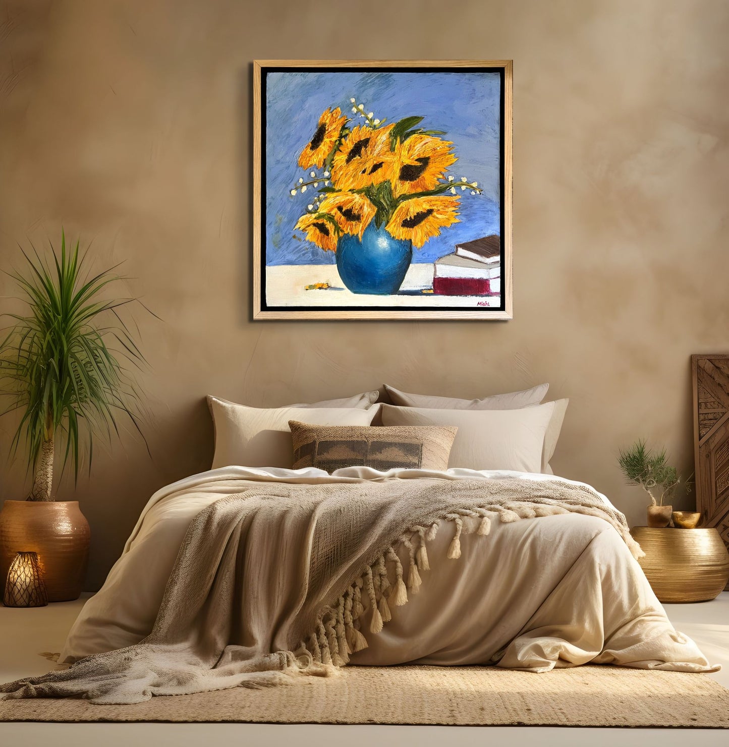 Sunflowers & Books Oil Painting | Original Oil Painting | Beautiful light oak floating frame