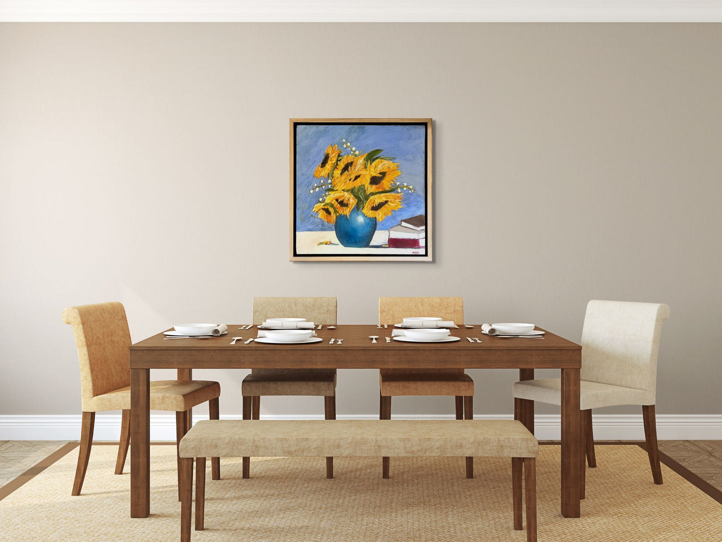 Sunflowers & Books Oil Painting | Original Oil Painting | Beautiful light oak floating frame